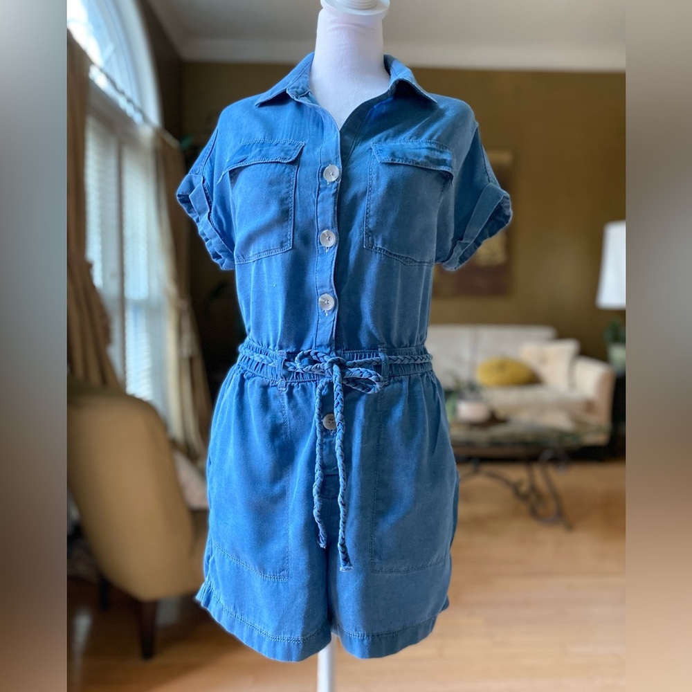 Nicole Miller Chambray Denim Romper Utility Shirt with Braided tie waist cord XS